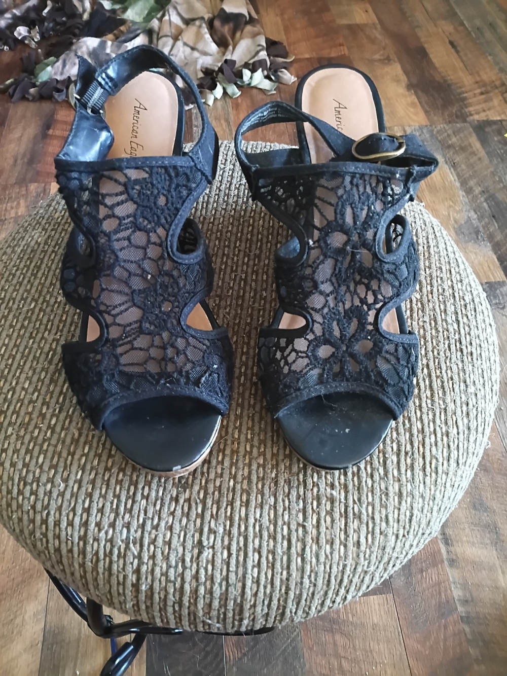 American Eagle Black Lace Peep-Toe Heels